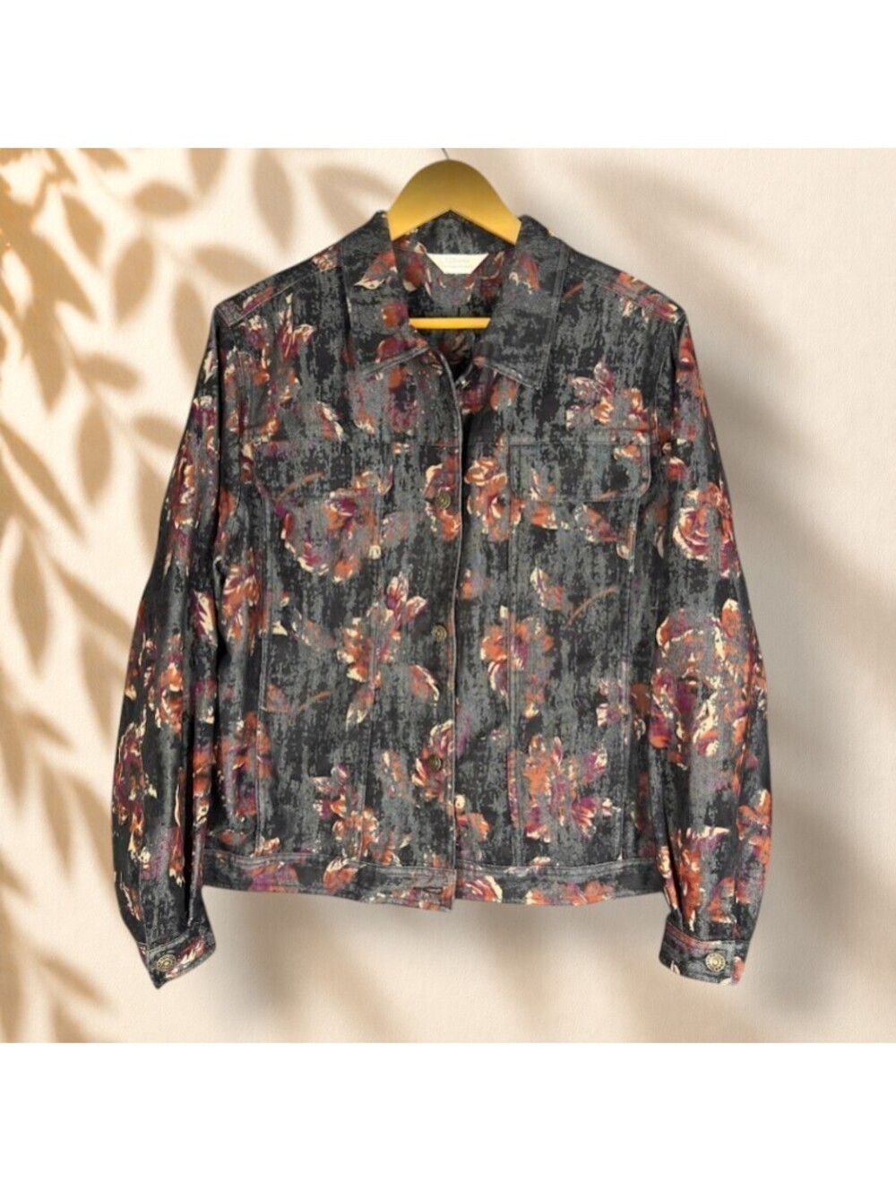 CJ Banks Jacket Women M Medium Black Floral Button Up Collared Long Sleeve